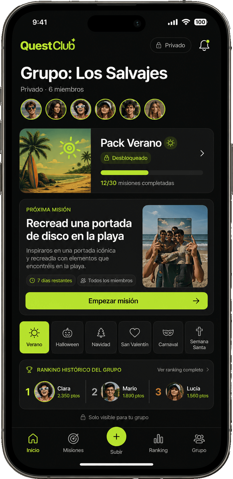 Pantalla de inicio de QuestClub mostrando el grupo Los Salvajes con 6 miembros, el Pack Verano desbloqueado al 12/30 y la próxima misión Recread una portada de disco en la playa.